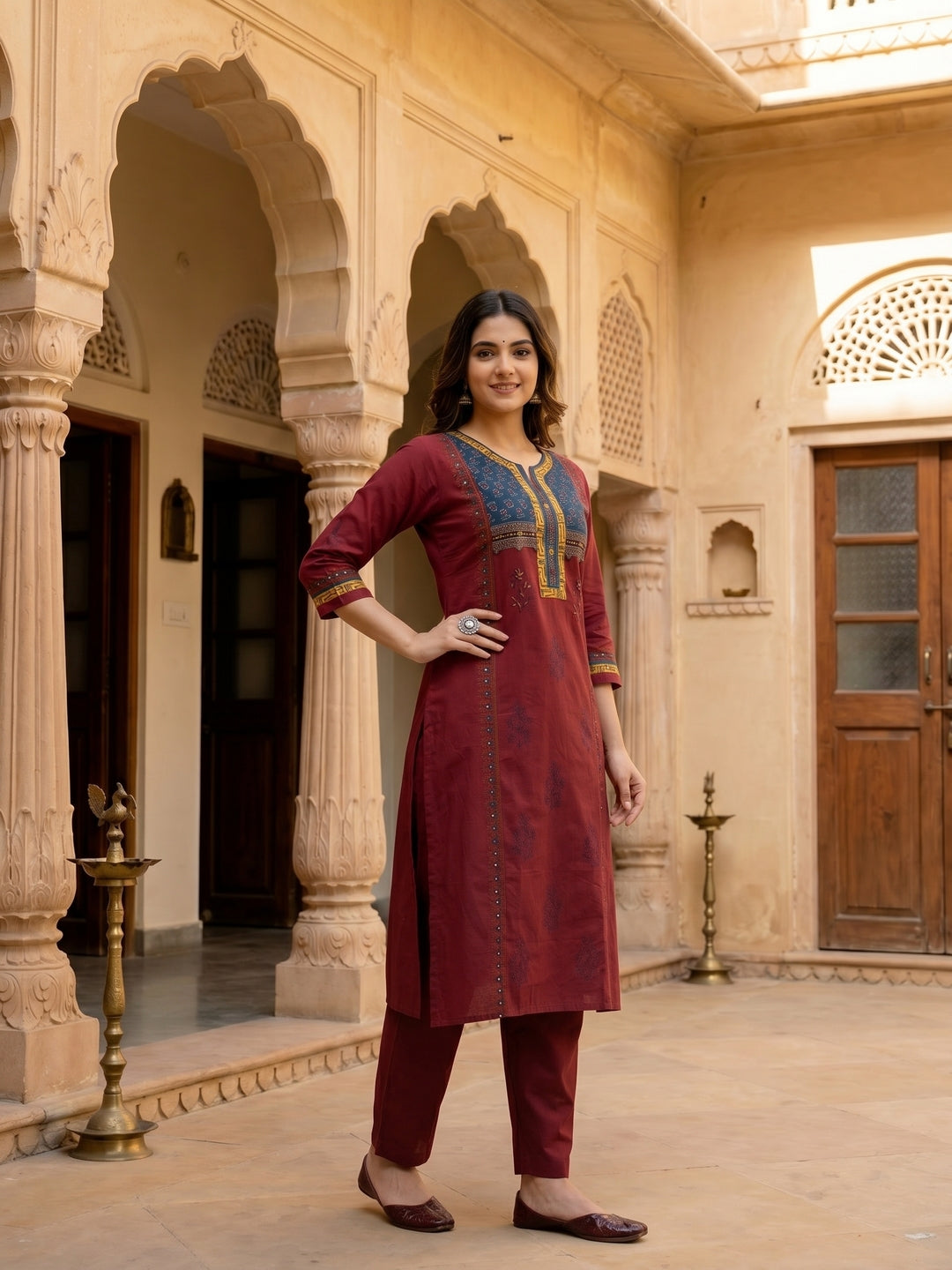 Solid Ethnic Embroidered A-Line Paneled Kurta with Pant - Maroon