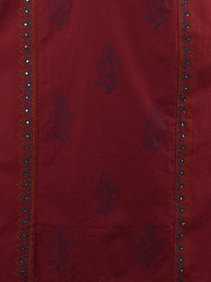 Solid Ethnic Embroidered A-Line Paneled Kurta with Pant - Maroon
