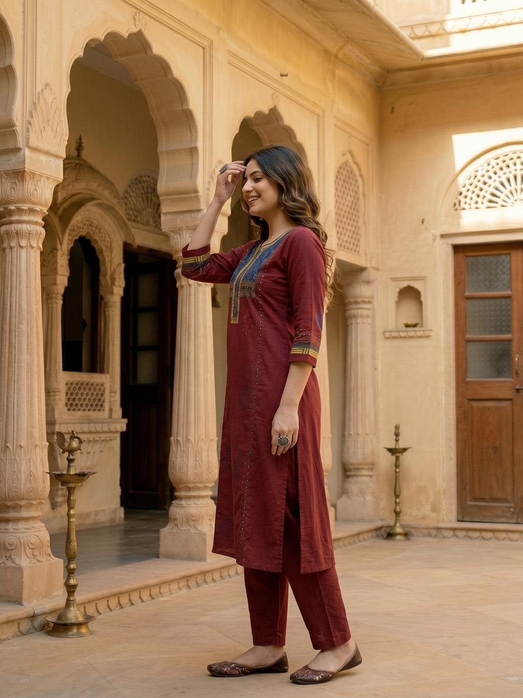 Solid Ethnic Embroidered A-Line Paneled Kurta with Pant - Maroon