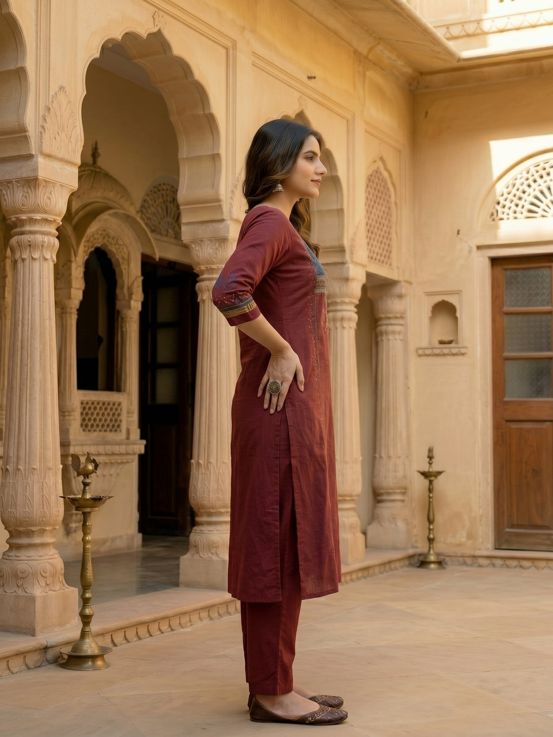 Solid Ethnic Embroidered A-Line Paneled Kurta with Pant - Maroon
