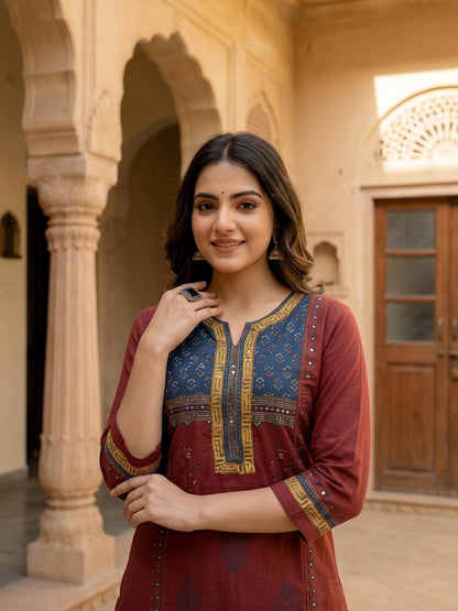 Solid Ethnic Embroidered A-Line Paneled Kurta with Pant - Maroon