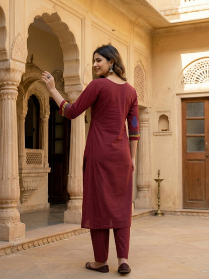 Solid Ethnic Embroidered A-Line Paneled Kurta with Pant - Maroon
