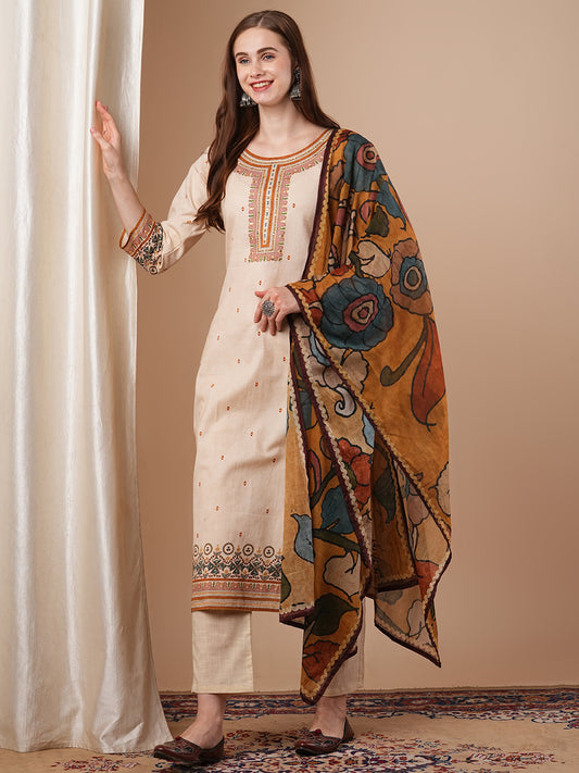 Ethnic Printed Straight Cut Cotton Flax Kurta with Pant & Kalamkari Dupatta - Off White