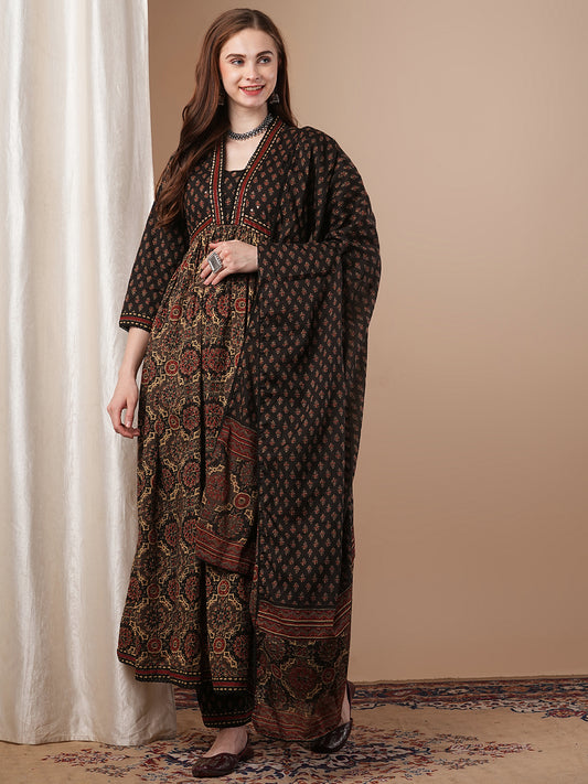 Ethnic Printed & Embroidered Anarkali Kurta with Pant & Pure Cotton Dupatta - Black
