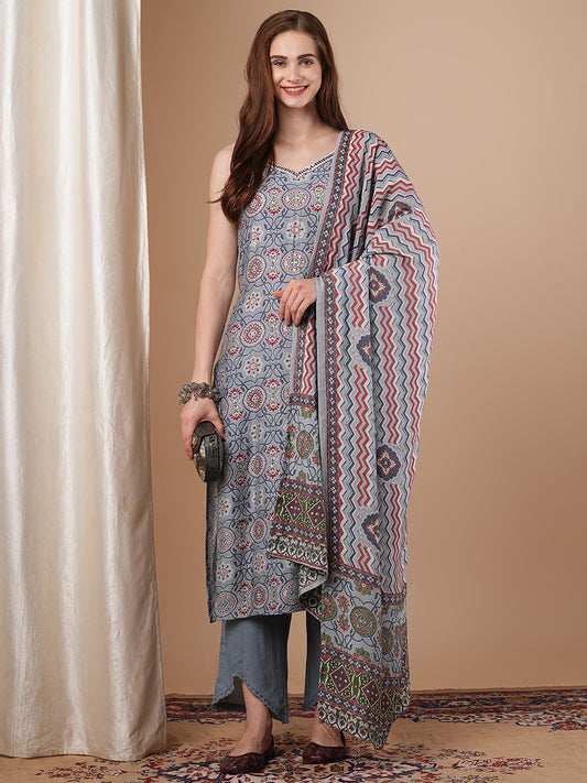 Ethnic Printed & Mirror Embroidered Straight Kurta with Pant & Dupatta - Blue