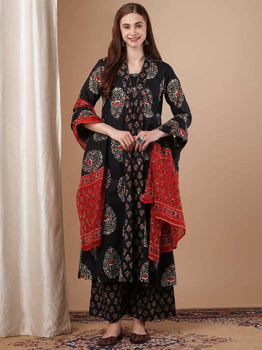 Ethnic Printed & Embroidered Anarkali Kurta with Palazzo & Pure Cotton Dupatta - Black