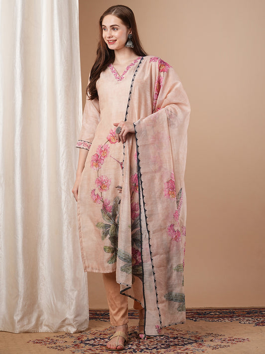 Abstract Floral Printed & Hand Embroidered Straight Kurta with Pant and Dupatta - Cream