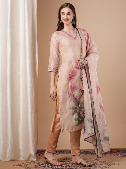 Abstract Floral Printed & Hand Embroidered Straight Kurta with Pant and Dupatta - Cream