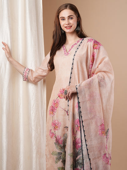 Abstract Floral Printed & Hand Embroidered Straight Kurta with Pant and Dupatta - Cream