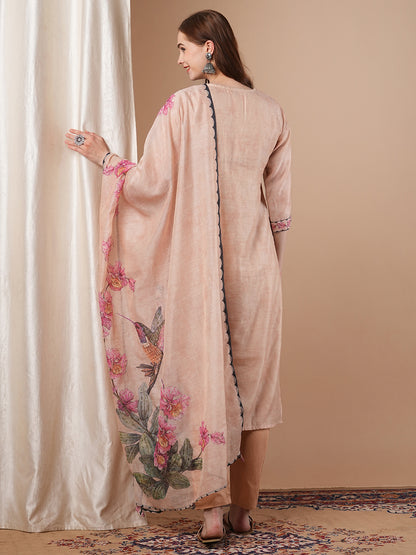 Abstract Floral Printed & Hand Embroidered Straight Kurta with Pant and Dupatta - Cream