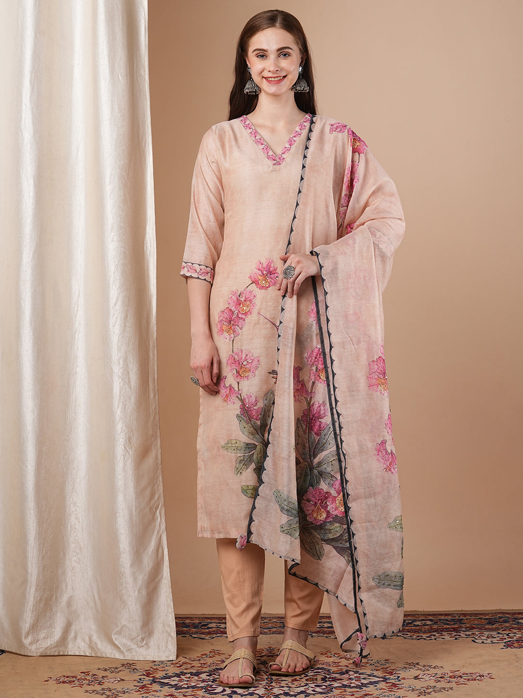 Abstract Floral Printed & Hand Embroidered Straight Kurta with Pant and Dupatta - Cream