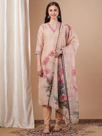 Abstract Floral Printed & Hand Embroidered Straight Kurta with Pant and Dupatta - Cream