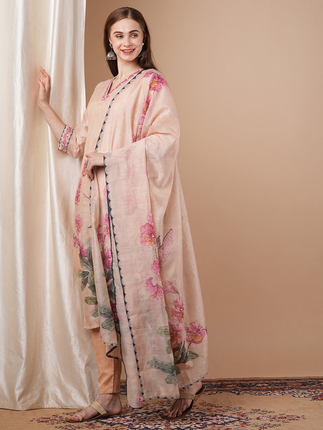 Abstract Floral Printed & Hand Embroidered Straight Kurta with Pant and Dupatta - Cream