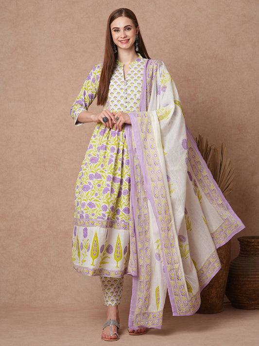 Floral Printed & Embroidered Anarkali Flared Kurta with Pant & Dupatta - White