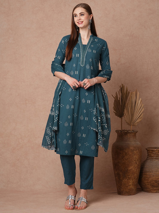 Ethnic Printed & Embroidered Straight Fit Kurta with Pant & Dupatta - Teal Blue