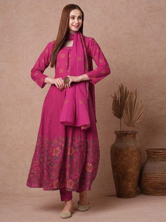 Floral Printed Anarkali Flared Kurta with Pant & Dupatta - Pink