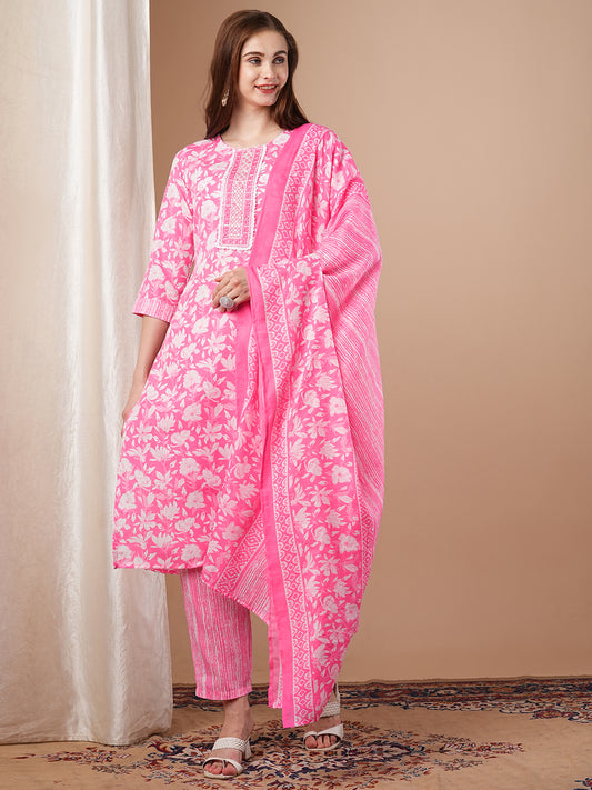 Floral & Stripes Printed Straight Kurta with Pant & Pure Cotton Dupatta - Pink