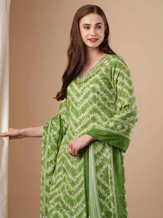 Ethnic Chevron Printed & Embroidered Straight Kurta with Pant & Dupatta - Green