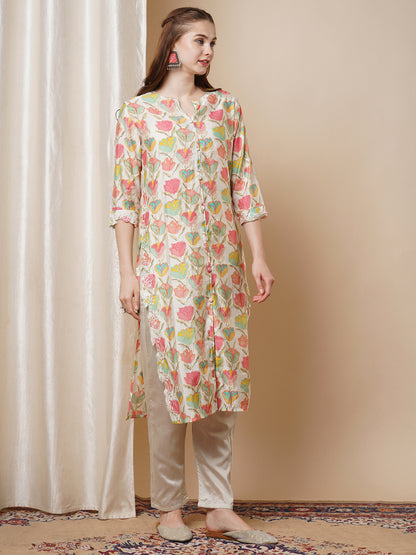 Floral Foil Printed Cutwork Embroidered Straight Kurta with Pant - Multi