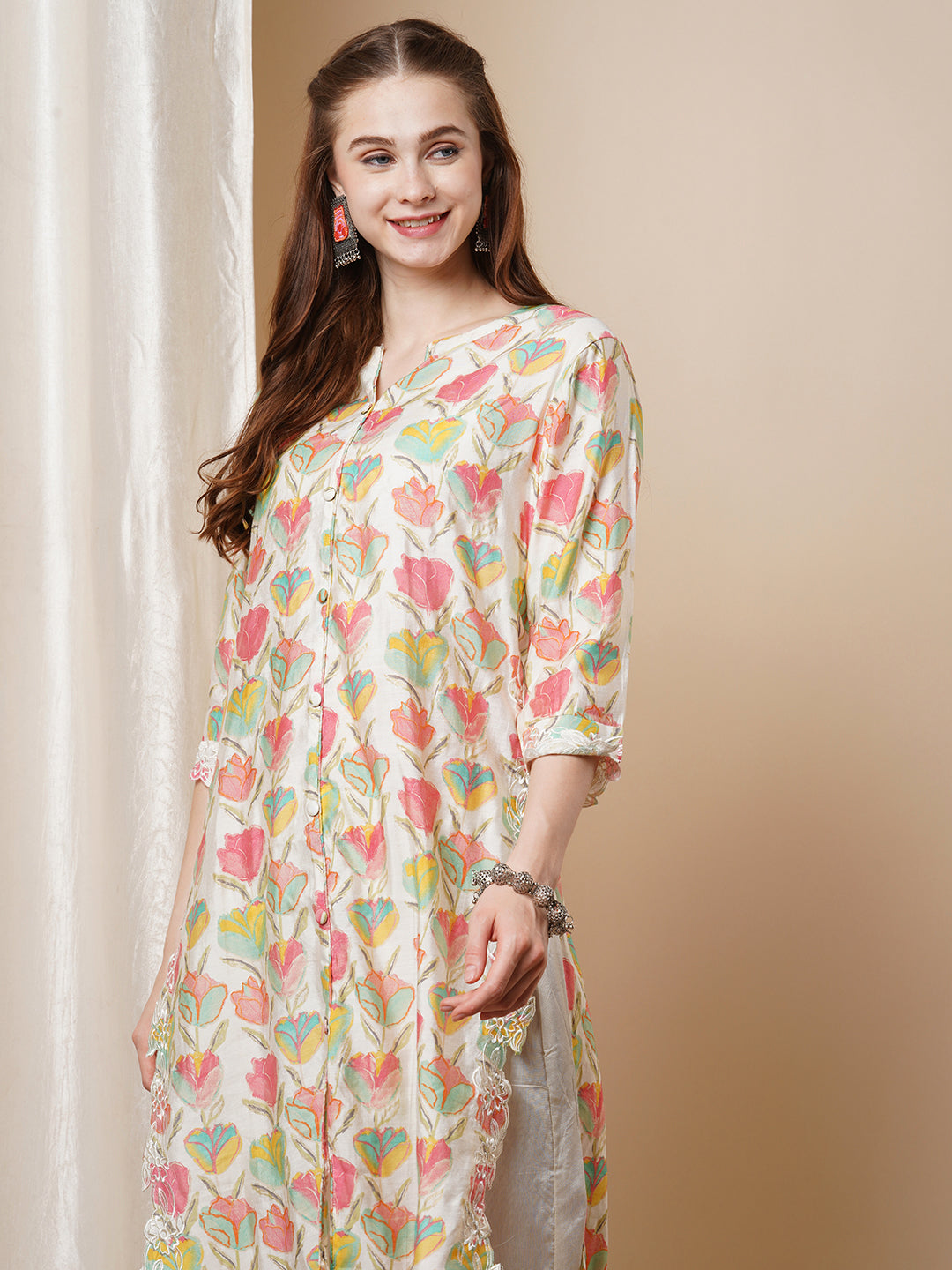 Floral Foil Printed Cutwork Embroidered Straight Kurta with Pant - Multi