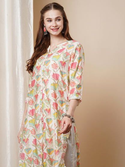 Floral Foil Printed Cutwork Embroidered Straight Kurta with Pant - Multi