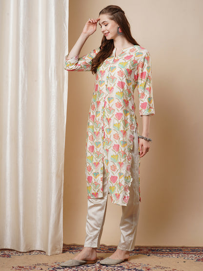 Floral Foil Printed Cutwork Embroidered Straight Kurta with Pant - Multi