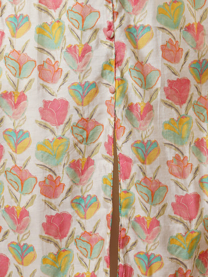Floral Foil Printed Cutwork Embroidered Straight Kurta with Pant - Multi