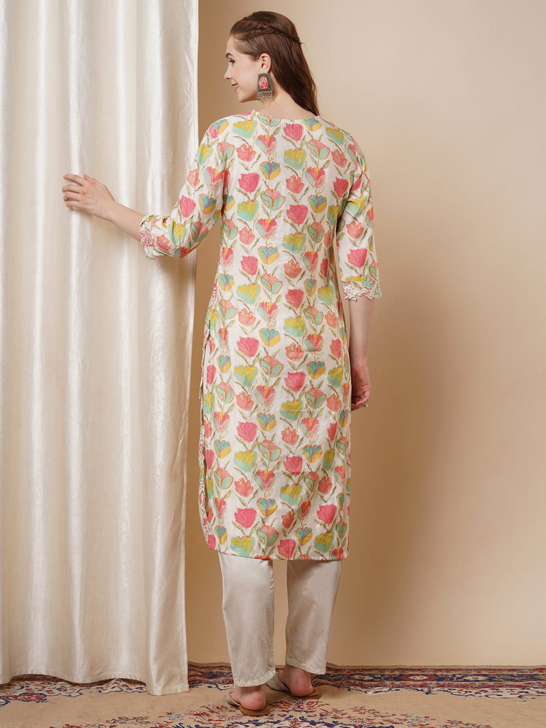Floral Foil Printed Cutwork Embroidered Straight Kurta with Pant - Multi