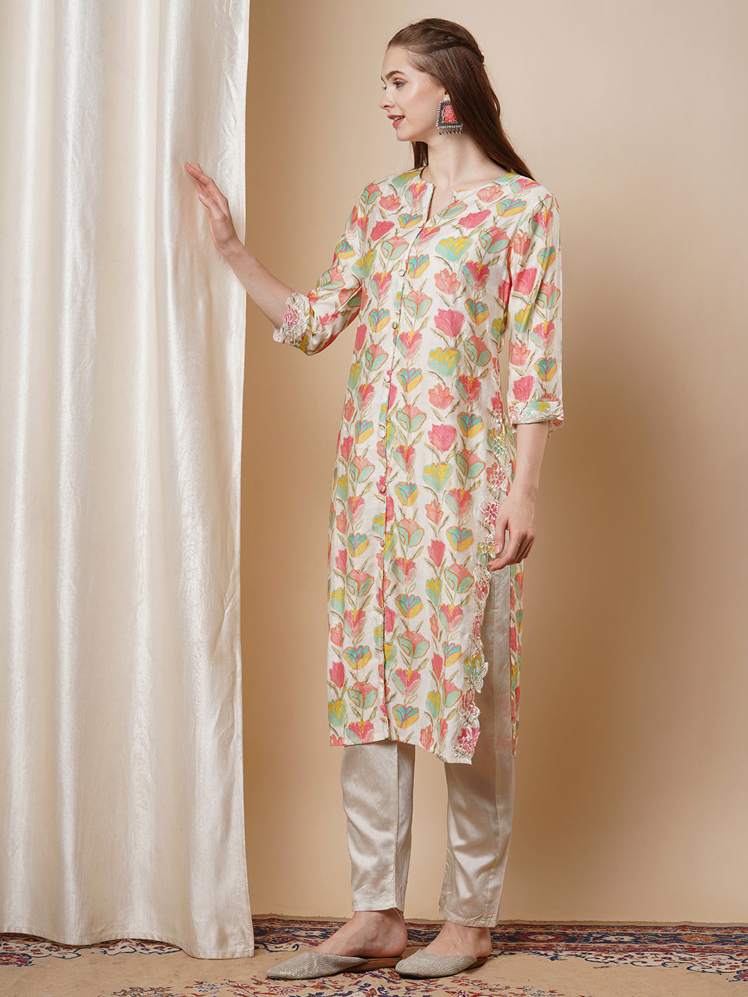 Floral Foil Printed Cutwork Embroidered Straight Kurta with Pant - Multi