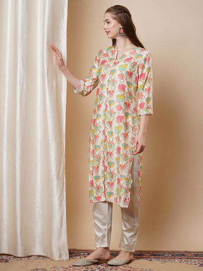 Floral Foil Printed Cutwork Embroidered Straight Kurta with Pant - Multi
