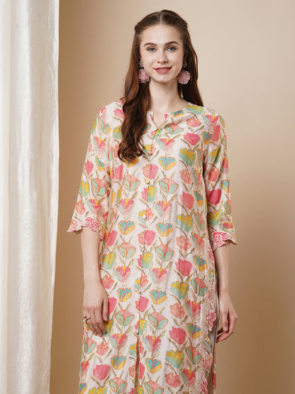 Solid Ethnic Floral Thread Embroidered Straight Fit Co-ord Set - Multi