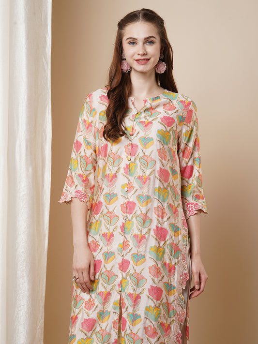 Solid Ethnic Floral Thread Embroidered Straight Fit Co-ord Set - Multi