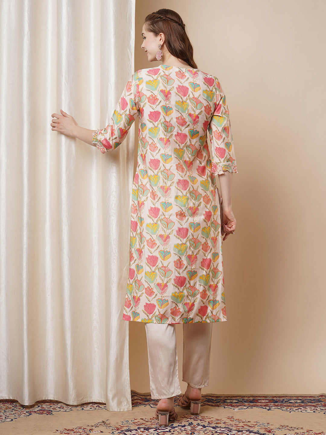 Solid Ethnic Floral Thread Embroidered Straight Fit Co-ord Set - Multi