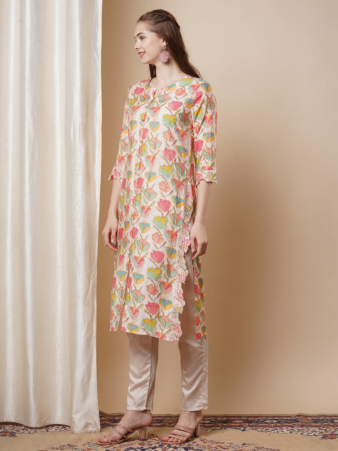 Solid Ethnic Floral Thread Embroidered Straight Fit Co-ord Set - Multi