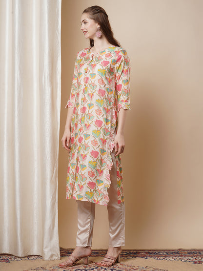 Solid Ethnic Floral Thread Embroidered Straight Fit Co-ord Set - Multi