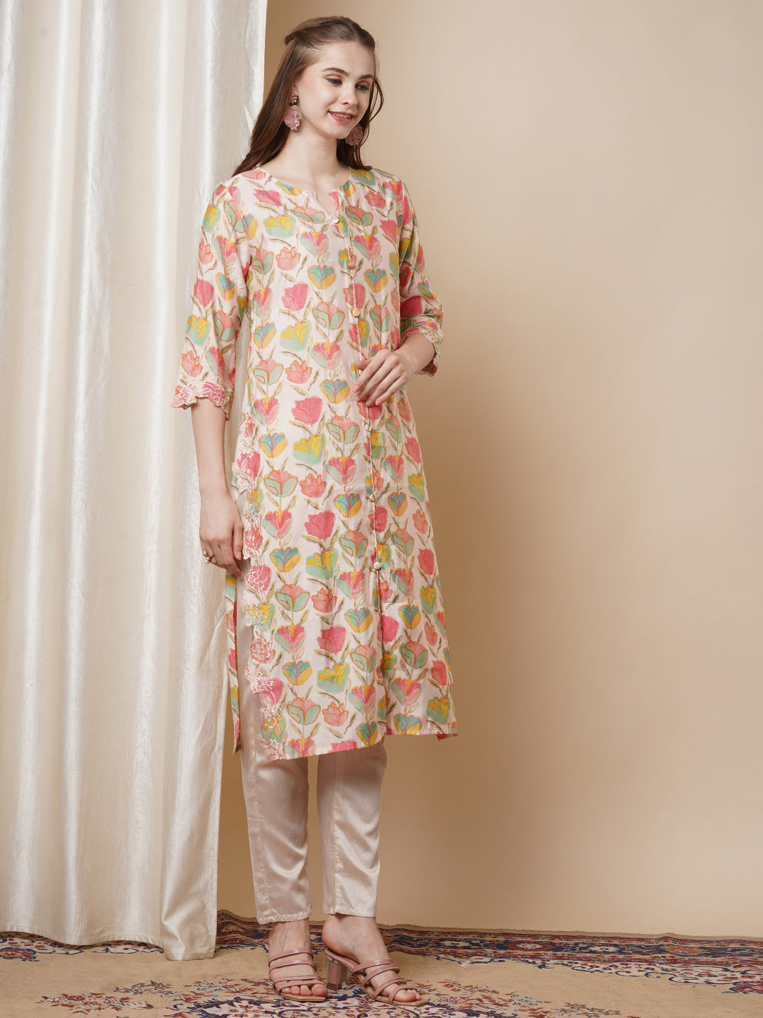 Solid Ethnic Floral Thread Embroidered Straight Fit Co-ord Set - Multi