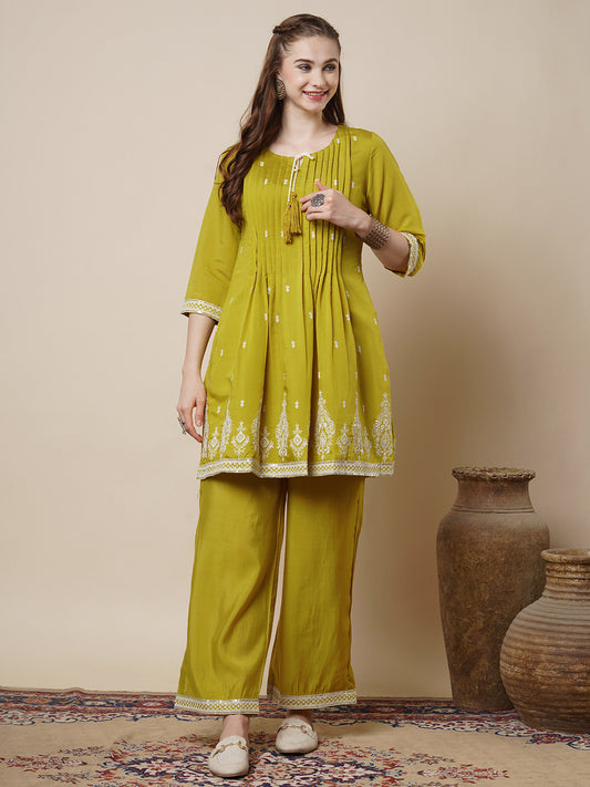 Solid Pin Tucked & Embroidered A-Line Co-ord Set - Lime Green