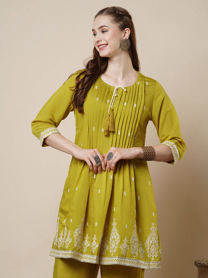 Solid Pin Tucked & Embroidered A-Line Co-ord Set - Lime Green