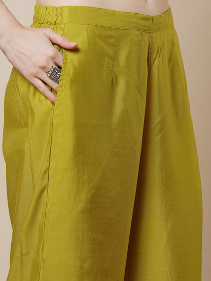 Solid Pin Tucked & Embroidered A-Line Co-ord Set - Lime Green