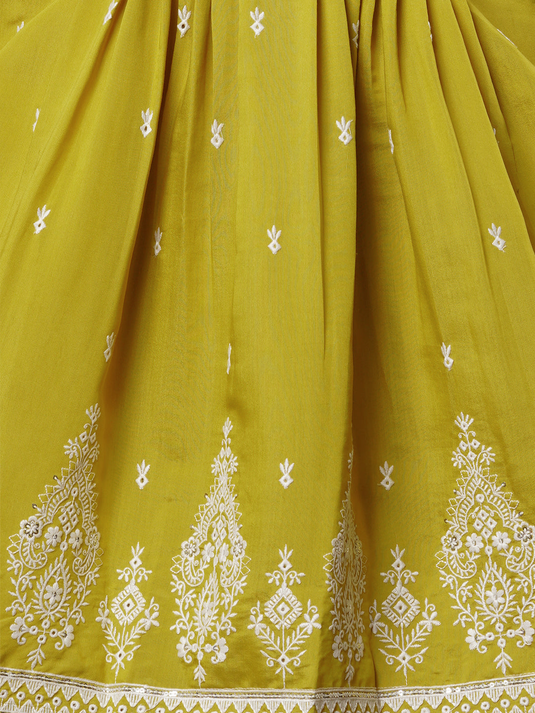 Solid Pin Tucked & Embroidered A-Line Co-ord Set - Lime Green