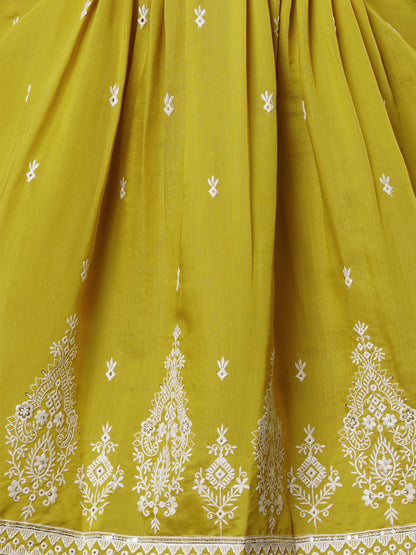 Solid Pin Tucked & Embroidered A-Line Co-ord Set - Lime Green