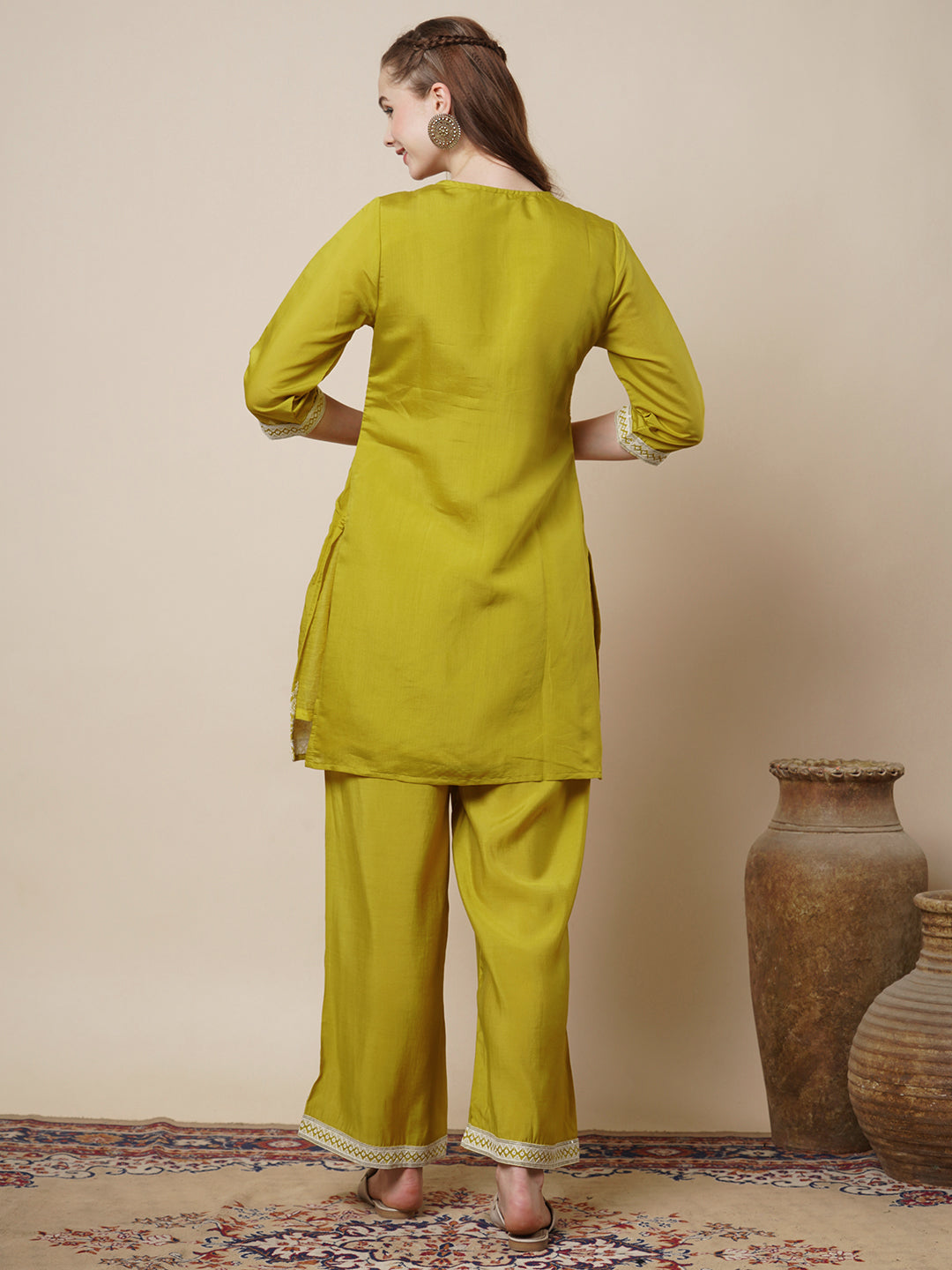 Solid Pin Tucked & Embroidered A-Line Co-ord Set - Lime Green