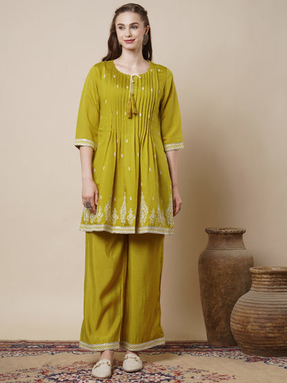 Solid Pin Tucked & Embroidered A-Line Co-ord Set - Lime Green