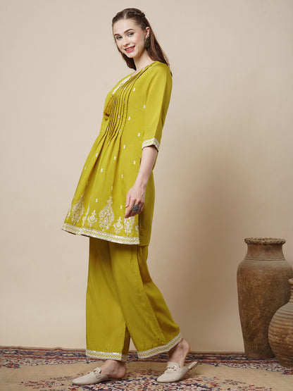 Solid Pin Tucked & Embroidered A-Line Co-ord Set - Lime Green