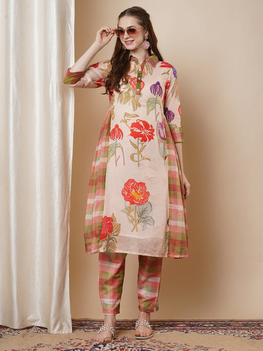 Abstract Floral & Checks Printed A-Line Pleated Kurta with Pant - Cream