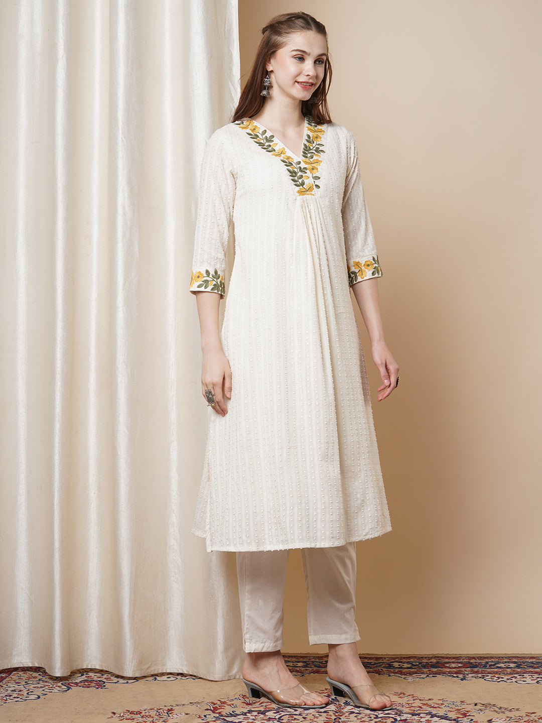 Solid Bold Floral Threadwork Cotton Dobby A-Line Pleated Kurta with Pant - White