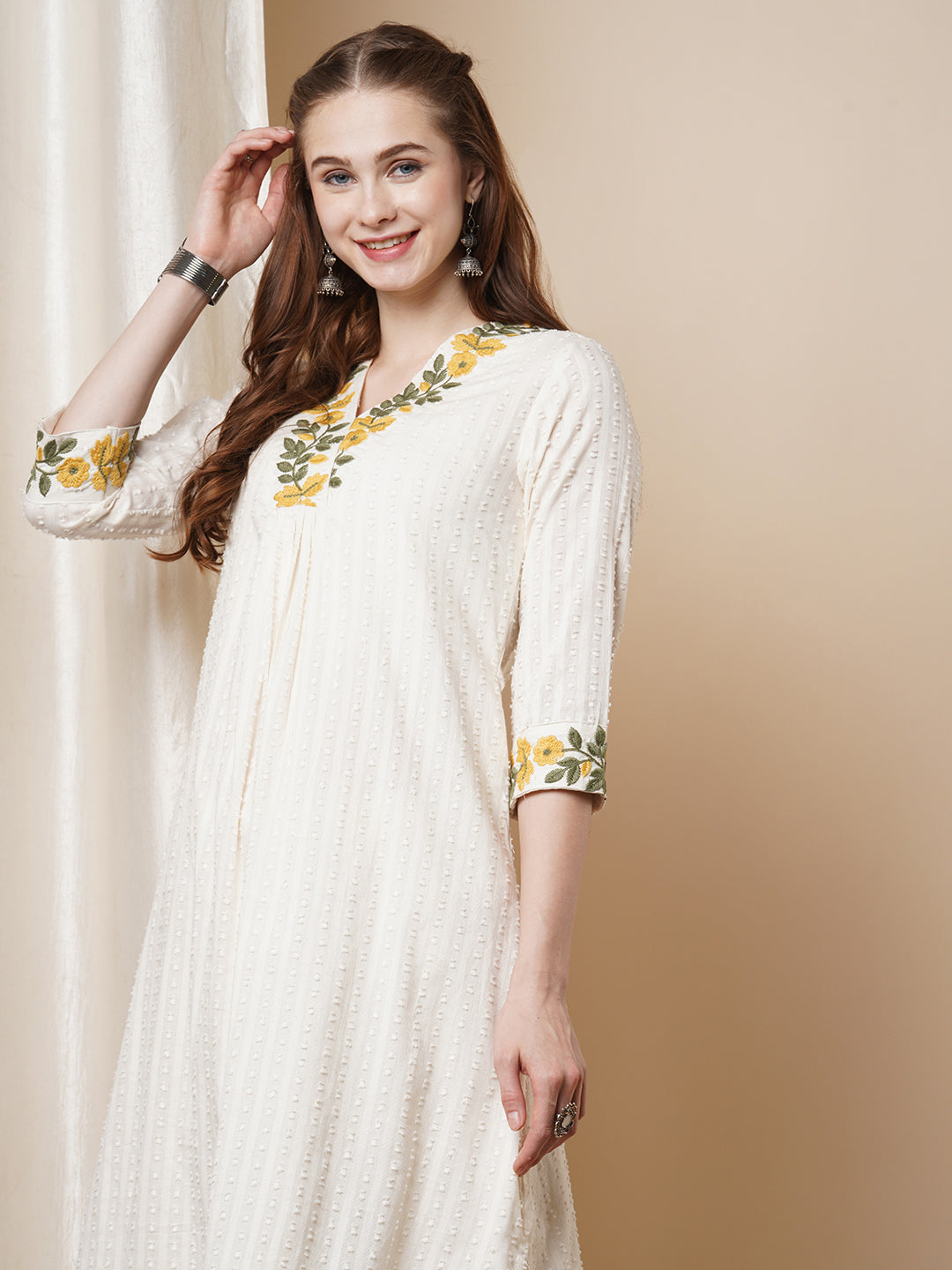 Solid Bold Floral Threadwork Cotton Dobby A-Line Pleated Kurta with Pant - White