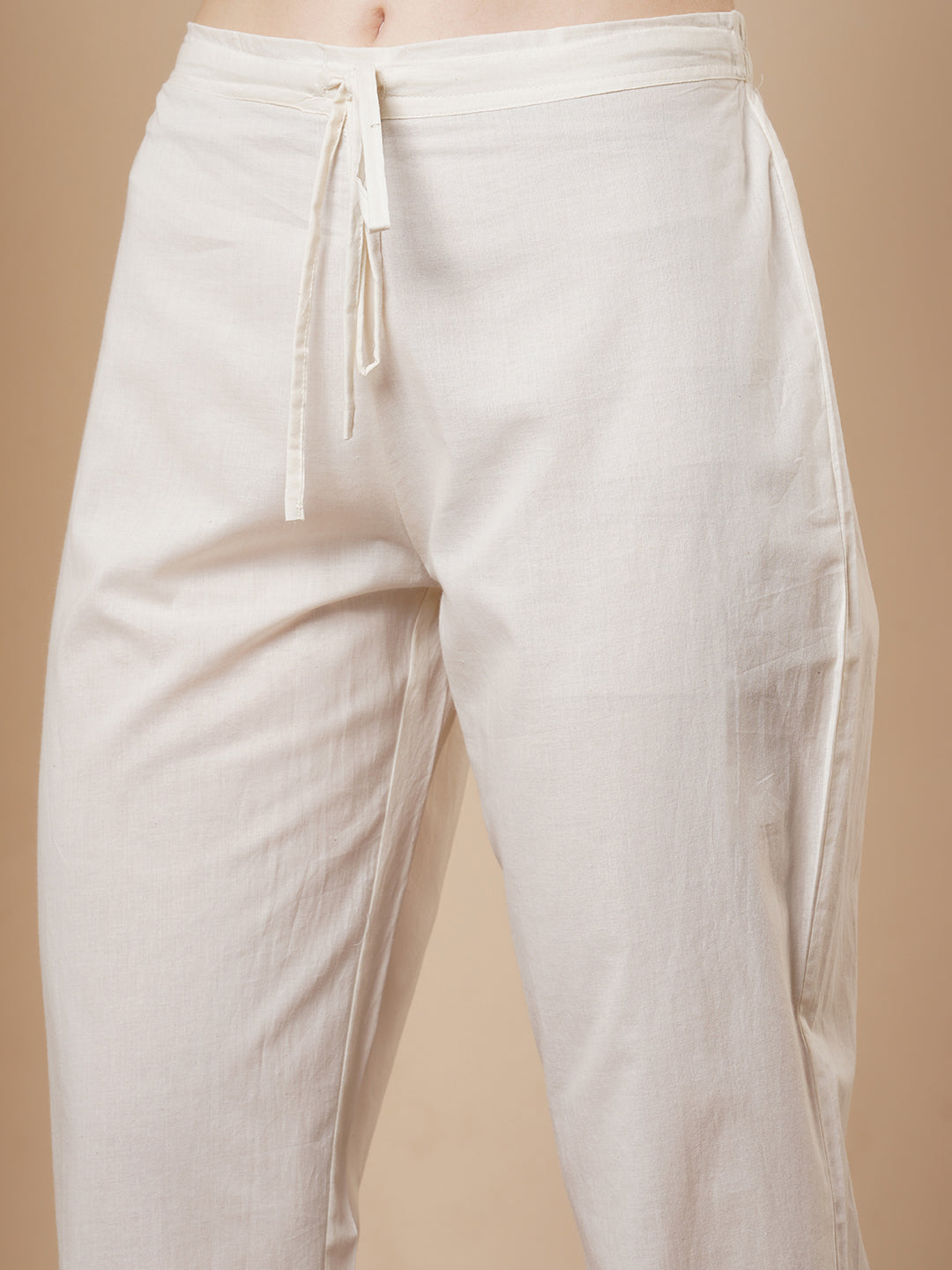 Solid Bold Floral Threadwork Cotton Dobby A-Line Pleated Kurta with Pant - White