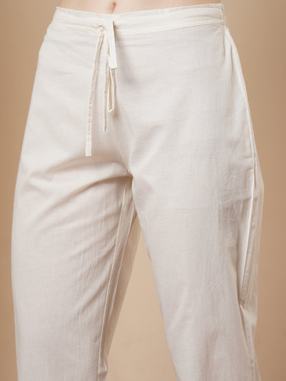 Solid Bold Floral Threadwork Cotton Dobby A-Line Pleated Kurta with Pant - White