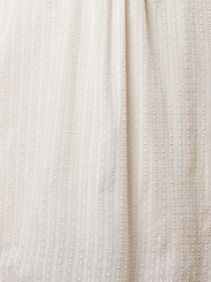 Solid Bold Floral Threadwork Cotton Dobby A-Line Pleated Kurta with Pant - White